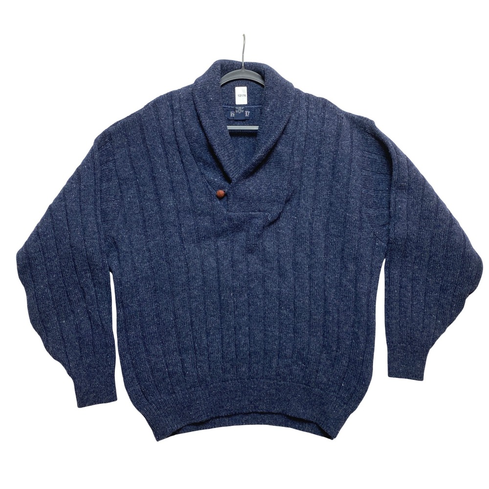Lands End Wool Sweater Mens XL Blue Shawl Collar Ribbed Knit Pullover USA